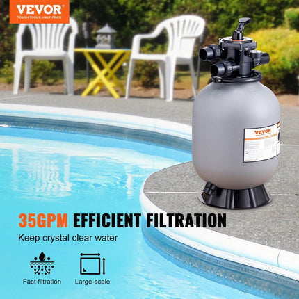 Sand Filter, 16-inch, 406.4mm, Up to 35 GPM Flow Rate, Above Inground Swimming Pool Sand Filter System with 7-Way Multi-Port Valve, Filter, Backwash, Rinse, Recirculate, Waste, Winter, Closed Functions.