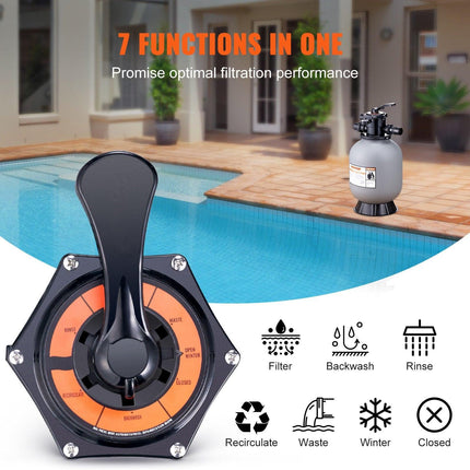 Sand Filter, 16-inch, 406.4mm, Up to 35 GPM Flow Rate, Above Inground Swimming Pool Sand Filter System with 7-Way Multi-Port Valve, Filter, Backwash, Rinse, Recirculate, Waste, Winter, Closed Functions.