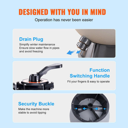 Sand Filter, 16-inch, 406.4mm, Up to 35 GPM Flow Rate, Above Inground Swimming Pool Sand Filter System with 7-Way Multi-Port Valve, Filter, Backwash, Rinse, Recirculate, Waste, Winter, Closed Functions.