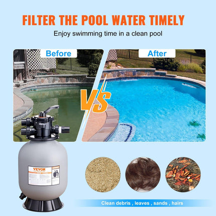 Sand Filter, 16-inch, 406.4mm, Up to 35 GPM Flow Rate, Above Inground Swimming Pool Sand Filter System with 7-Way Multi-Port Valve, Filter, Backwash, Rinse, Recirculate, Waste, Winter, Closed Functions.