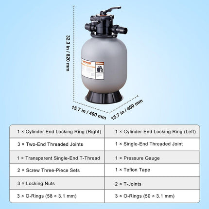 Sand Filter, 16-inch, 406.4mm, Up to 35 GPM Flow Rate, Above Inground Swimming Pool Sand Filter System with 7-Way Multi-Port Valve, Filter, Backwash, Rinse, Recirculate, Waste, Winter, Closed Functions.