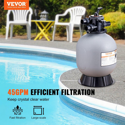 Sand Filter, 19-inch, 482.6mm, Up to 45 GPM Flow Rate, Above Inground Swimming Pool Sand Filter System with 7-Way Multi-Port Valve, Filter, Backwash, Rinse, Recirculate, Waste, Winter, Closed Functions.