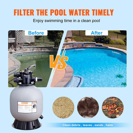 Sand Filter, 19-inch, 482.6mm, Up to 45 GPM Flow Rate, Above Inground Swimming Pool Sand Filter System with 7-Way Multi-Port Valve, Filter, Backwash, Rinse, Recirculate, Waste, Winter, Closed Functions.