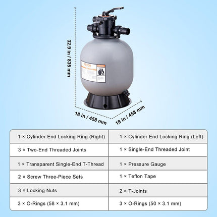 Sand Filter, 19-inch, 482.6mm, Up to 45 GPM Flow Rate, Above Inground Swimming Pool Sand Filter System with 7-Way Multi-Port Valve, Filter, Backwash, Rinse, Recirculate, Waste, Winter, Closed Functions.