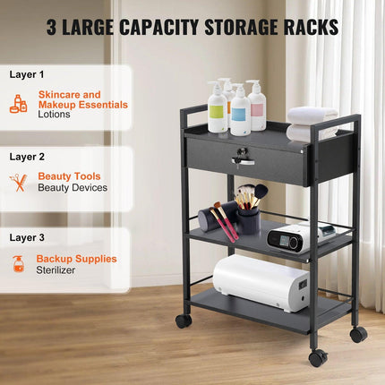 Beauty Salon Trolley Cart, 3-Tier Hair Salon Stations Cabinet for Stylist with Lockable Drawer, MDF Rolling Storage Station with 4 Wheels (2 Lockable) for Beauty SPA Barbershop Tattoo.