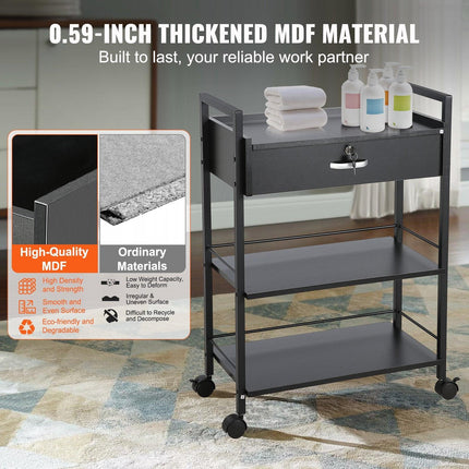 Beauty Salon Trolley Cart, 3-Tier Hair Salon Stations Cabinet for Stylist with Lockable Drawer, MDF Rolling Storage Station with 4 Wheels (2 Lockable) for Beauty SPA Barbershop Tattoo.
