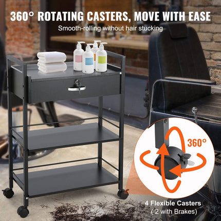 Beauty Salon Trolley Cart, 3-Tier Hair Salon Stations Cabinet for Stylist with Lockable Drawer, MDF Rolling Storage Station with 4 Wheels (2 Lockable) for Beauty SPA Barbershop Tattoo.