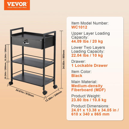 Beauty Salon Trolley Cart, 3-Tier Hair Salon Stations Cabinet for Stylist with Lockable Drawer, MDF Rolling Storage Station with 4 Wheels (2 Lockable) for Beauty SPA Barbershop Tattoo.