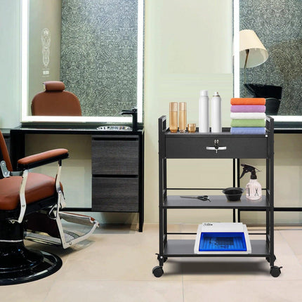 Beauty Salon Trolley Cart, 3-Tier Hair Salon Stations Cabinet for Stylist with Lockable Drawer, MDF Rolling Storage Station with 4 Wheels (2 Lockable) for Beauty SPA Barbershop Tattoo.
