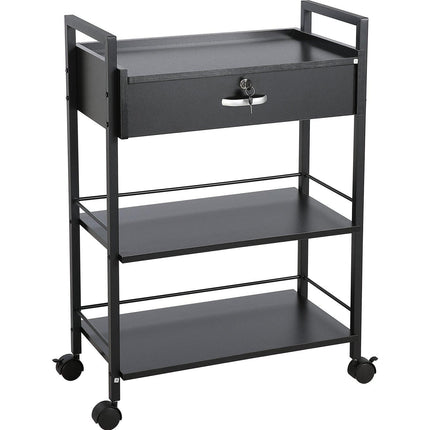 Beauty Salon Trolley Cart, 3-Tier Hair Salon Stations Cabinet for Stylist with Lockable Drawer, MDF Rolling Storage Station with 4 Wheels (2 Lockable) for Beauty SPA Barbershop Tattoo.