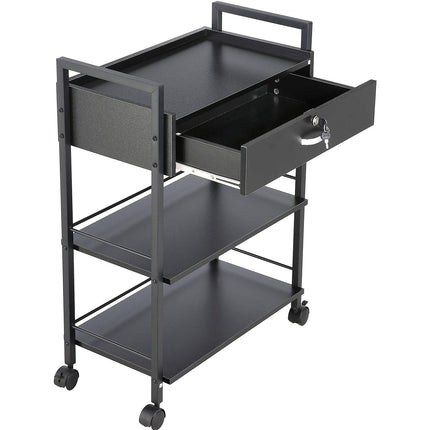 Beauty Salon Trolley Cart, 3-Tier Hair Salon Stations Cabinet for Stylist with Lockable Drawer, MDF Rolling Storage Station with 4 Wheels (2 Lockable) for Beauty SPA Barbershop Tattoo.