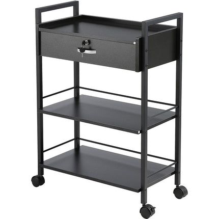 Beauty Salon Trolley Cart, 3-Tier Hair Salon Stations Cabinet for Stylist with Lockable Drawer, MDF Rolling Storage Station with 4 Wheels (2 Lockable) for Beauty SPA Barbershop Tattoo.