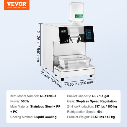 Commercial Snowflake Ice Machine, 397LBS/24H Snowflake Ice Maker, Stainless Steel Ice Shaver Machine, Electric Snow Cone Maker, Liquid Cooling System for Rapid Heat Dissipation, Ice Cream.