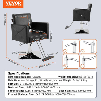 Salon Chair, Barber Chair for Hair Stylist, Styling Chair with Heavy Duty Hydraulic Pump, Swivel Hair Salon Chair with Footrest for Beauty Spa Shampoo, Max Load Weight 330 lbs, Black.