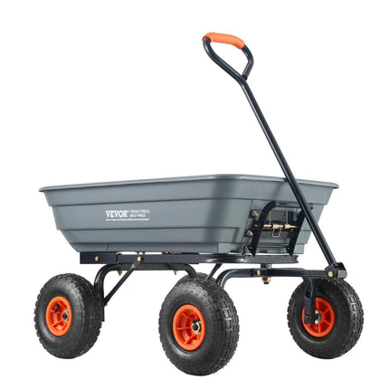 Dump Cart, Poly Garden Dump Cart with Easy to Assemble Steel Frame, Dump Wagon with 2-in-1 Convertible Handle, Utility Wheelbarrow 272kg/ 600lbs Capacity, 25.5cm/ 10 inch Tires.