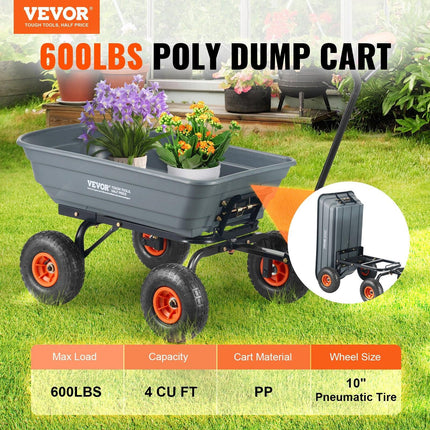 Dump Cart, Poly Garden Dump Cart with Easy to Assemble Steel Frame, Dump Wagon with 2-in-1 Convertible Handle, Utility Wheelbarrow 272kg/ 600lbs Capacity, 25.5cm/ 10 inch Tires.
