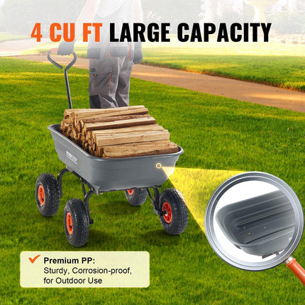 Dump Cart, Poly Garden Dump Cart with Easy to Assemble Steel Frame, Dump Wagon with 2-in-1 Convertible Handle, Utility Wheelbarrow 272kg/ 600lbs Capacity, 25.5cm/ 10 inch Tires.