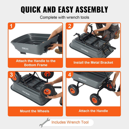 Dump Cart, Poly Garden Dump Cart with Easy to Assemble Steel Frame, Dump Wagon with 2-in-1 Convertible Handle, Utility Wheelbarrow 272kg/ 600lbs Capacity, 25.5cm/ 10 inch Tires.