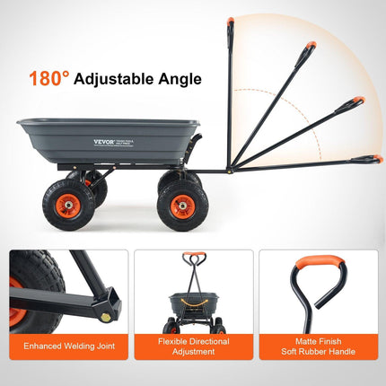 Dump Cart, Poly Garden Dump Cart with Easy to Assemble Steel Frame, Dump Wagon with 2-in-1 Convertible Handle, Utility Wheelbarrow 272kg/ 600lbs Capacity, 25.5cm/ 10 inch Tires.
