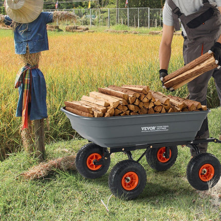 Dump Cart, Poly Garden Dump Cart with Easy to Assemble Steel Frame, Dump Wagon with 2-in-1 Convertible Handle, Utility Wheelbarrow 272kg/ 600lbs Capacity, 25.5cm/ 10 inch Tires.