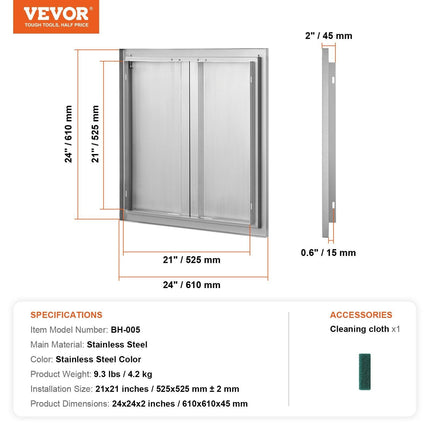 BBQ Access Door, 610x610 mm Double Outdoor Kitchen Door, Stainless Steel Flush Mount Door, Wall Vertical Door with Recessed Handles , for BBQ Island, Grilling Station, Outside Cabinet.