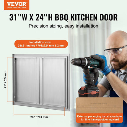 BBQ Access Door, 787x609 mm Double Outdoor Kitchen Door, Stainless Steel Flush Mount Door, Wall Vertical Door with Recessed Handles , for BBQ Island, Grilling Station, Outside Cabinet.