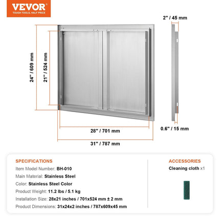 BBQ Access Door, 787x609 mm Double Outdoor Kitchen Door, Stainless Steel Flush Mount Door, Wall Vertical Door with Recessed Handles , for BBQ Island, Grilling Station, Outside Cabinet.