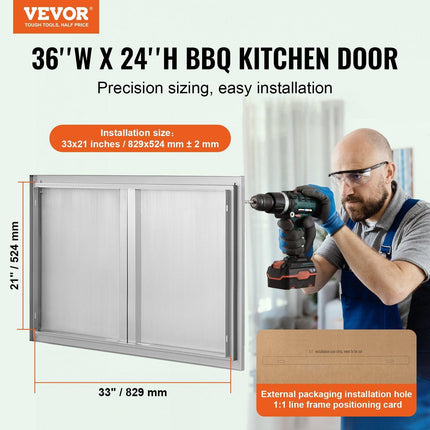 BBQ Access Door, 914x610 mm Double Outdoor Kitchen Door, Stainless Steel Flush Mount Door, Wall Vertical Door with Recessed Handles , for BBQ Island, Grilling Station, Outside Cabinet.
