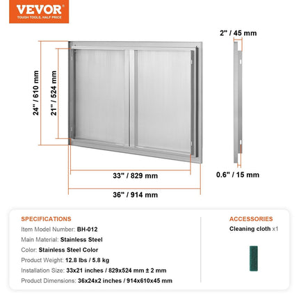 BBQ Access Door, 914x610 mm Double Outdoor Kitchen Door, Stainless Steel Flush Mount Door, Wall Vertical Door with Recessed Handles , for BBQ Island, Grilling Station, Outside Cabinet.
