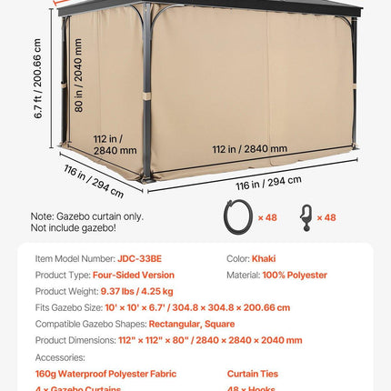 Gazebo Curtains Outdoor, Fit Most 10' x 10' x 6.7' Gazebos, 4-Panel Sidewall Gazebo Privacy Curtains with Zippers, Outdoor Curtain Replacement for Patio Canopy, Only Curtain, Khaki.