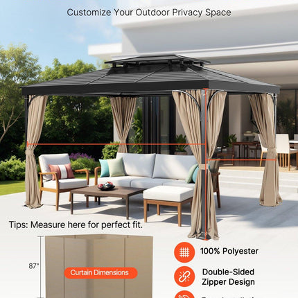 Gazebo Curtains Outdoor, 12' x 10' x 7.3' Gazebos, 4-Panel Sidewall Gazebo Privacy Curtains with Zippers, Outdoor Curtain Replacement for Patio Canopy, Only Curtain, Khaki.
