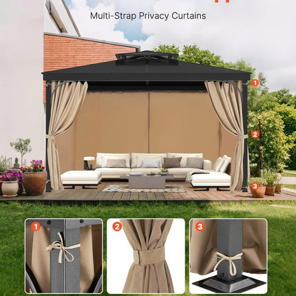 Gazebo Curtains Outdoor, 12' x 10' x 7.3' Gazebos, 4-Panel Sidewall Gazebo Privacy Curtains with Zippers, Outdoor Curtain Replacement for Patio Canopy, Only Curtain, Khaki.