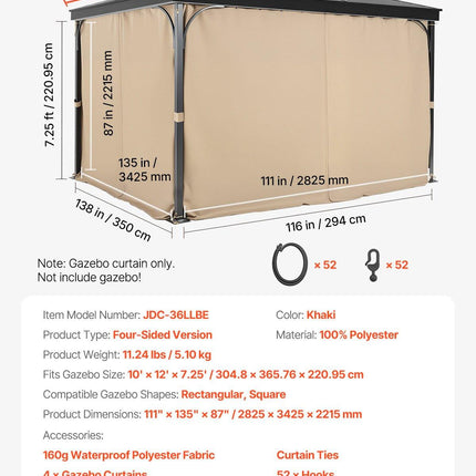 Gazebo Curtains Outdoor, 12' x 10' x 7.3' Gazebos, 4-Panel Sidewall Gazebo Privacy Curtains with Zippers, Outdoor Curtain Replacement for Patio Canopy, Only Curtain, Khaki.
