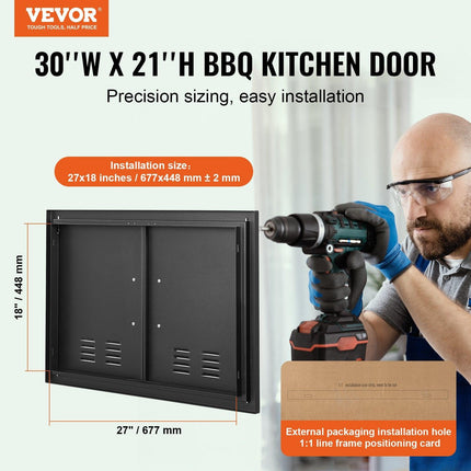 BBQ Access Door,762 x533 mm Double Outdoor Kitchen Door, Cold Plate Flush Mount Door, Wall Vertical Door with Handles and Ventss, for BBQ Island, Grilling Station, Outside Cabinet.