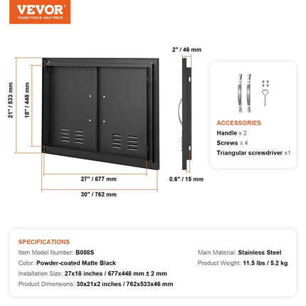 BBQ Access Door,762 x533 mm Double Outdoor Kitchen Door, Cold Plate Flush Mount Door, Wall Vertical Door with Handles and Ventss, for BBQ Island, Grilling Station, Outside Cabinet.