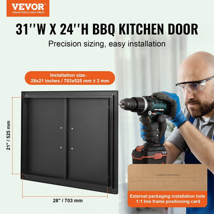 BBQ Access Door, 788x610 mm Double Outdoor Kitchen Door, Cold Plate Flush Mount Door, Wall Vertical Door with Handles, for BBQ Island, Grilling Station, Outside Cabinet.