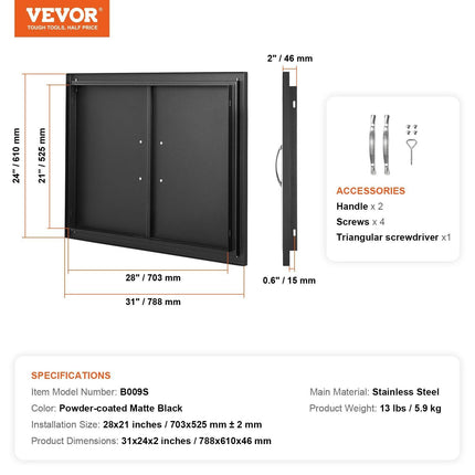 BBQ Access Door, 788x610 mm Double Outdoor Kitchen Door, Cold Plate Flush Mount Door, Wall Vertical Door with Handles, for BBQ Island, Grilling Station, Outside Cabinet.