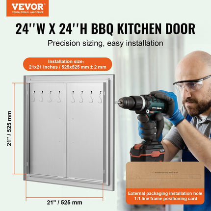 BBQ Access Door, 610x610 mm Double Outdoor Kitchen Door, Stainless Steel Flush Mount Door, Double Wall Vertical Door with Handles and Hooks, for BBQ Island, Grilling Station, Outside Cabinet.