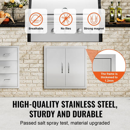 BBQ Access Door, 610x610 mm Double Outdoor Kitchen Door, Stainless Steel Flush Mount Door, Double Wall Vertical Door with Handles and Hooks, for BBQ Island, Grilling Station, Outside Cabinet.
