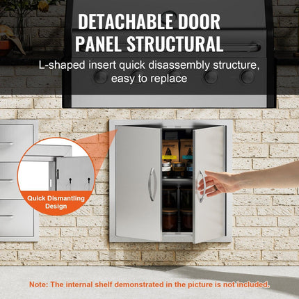 BBQ Access Door, 610x610 mm Double Outdoor Kitchen Door, Stainless Steel Flush Mount Door, Double Wall Vertical Door with Handles and Hooks, for BBQ Island, Grilling Station, Outside Cabinet.