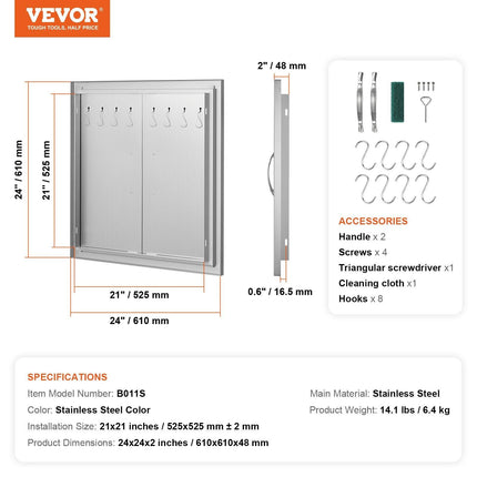BBQ Access Door, 610x610 mm Double Outdoor Kitchen Door, Stainless Steel Flush Mount Door, Double Wall Vertical Door with Handles and Hooks, for BBQ Island, Grilling Station, Outside Cabinet.