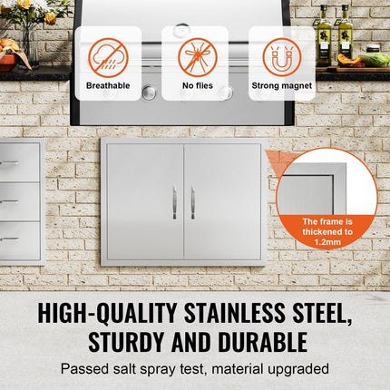 BBQ Access Door, 787x609 mm Double Outdoor Kitchen Door, Stainless Steel Flush Mount Door, Double Wall Vertical Door with Handles and Hooks, for BBQ Island, Grilling Station, Outside Cabinet.