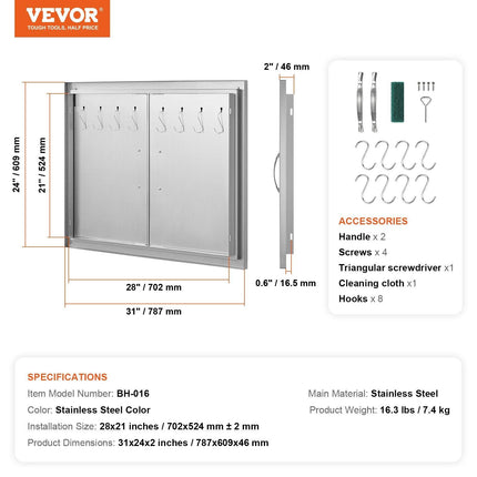 BBQ Access Door, 787x609 mm Double Outdoor Kitchen Door, Stainless Steel Flush Mount Door, Double Wall Vertical Door with Handles and Hooks, for BBQ Island, Grilling Station, Outside Cabinet.