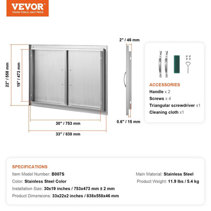 BBQ Access Door, 838x558 mm Double Outdoor Kitchen Door, Stainless Steel Flush Mount Door, Wall Vertical Door with Handles, for BBQ Island, Grilling Station, Outside Cabinet.