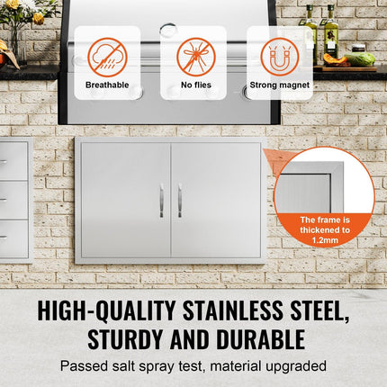 BBQ Access Door, 889x610 mm Double Outdoor Kitchen Door, Stainless Steel Flush Mount Door, Wall Vertical Door with Handles, for BBQ Island, Grilling Station, Outside Cabinet.