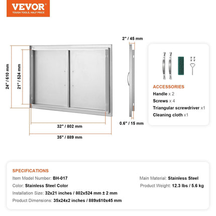 BBQ Access Door, 889x610 mm Double Outdoor Kitchen Door, Stainless Steel Flush Mount Door, Wall Vertical Door with Handles, for BBQ Island, Grilling Station, Outside Cabinet.