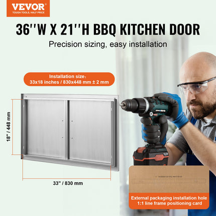 BBQ Access Door, 915x533 mm Double Outdoor Kitchen Door, Stainless Steel Flush Mount Door, Wall Vertical Door with Handles, for BBQ Island, Grilling Station, Outside Cabinet.