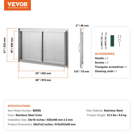 BBQ Access Door, 915x533 mm Double Outdoor Kitchen Door, Stainless Steel Flush Mount Door, Wall Vertical Door with Handles, for BBQ Island, Grilling Station, Outside Cabinet.