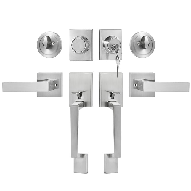 Double Door Handle Set, Satin Nickel Square Door Lever, Heavy Duty Double Front Door Handle Set with Dummy, Double Door Lock Set with Reversible Handle Lever, for Front Door or Office Door.