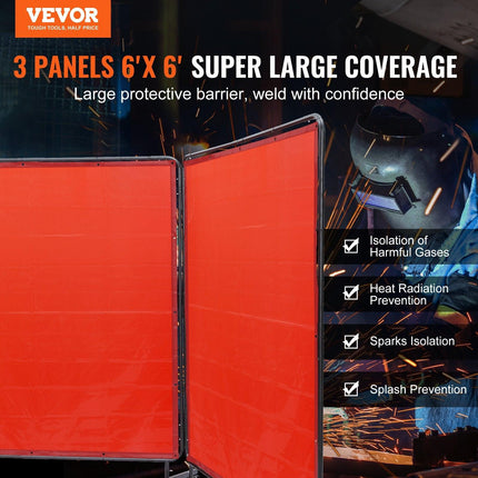 Welding Screen with Frame, 6' x 6' 3 Panel Welding Curtain Screens, Flame-Resistant Vinyl Welding Protection Screen on 12 Swivel Wheels (6 Lockable), Moveable & Professional for Workshop, Red.